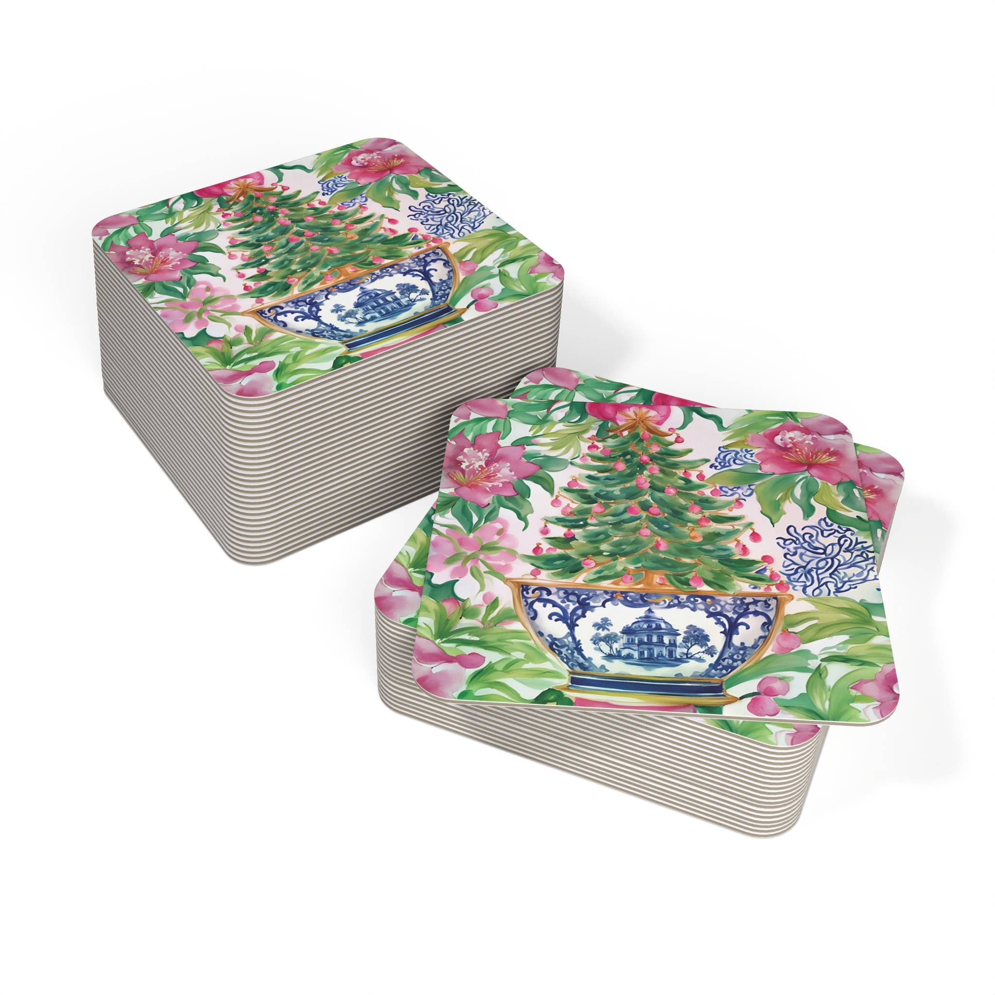 Design Carolinas - Wholesale Disposable Coasters - Pink & Green Chinoiserie Christmas Tree Holiday Coaster Set3