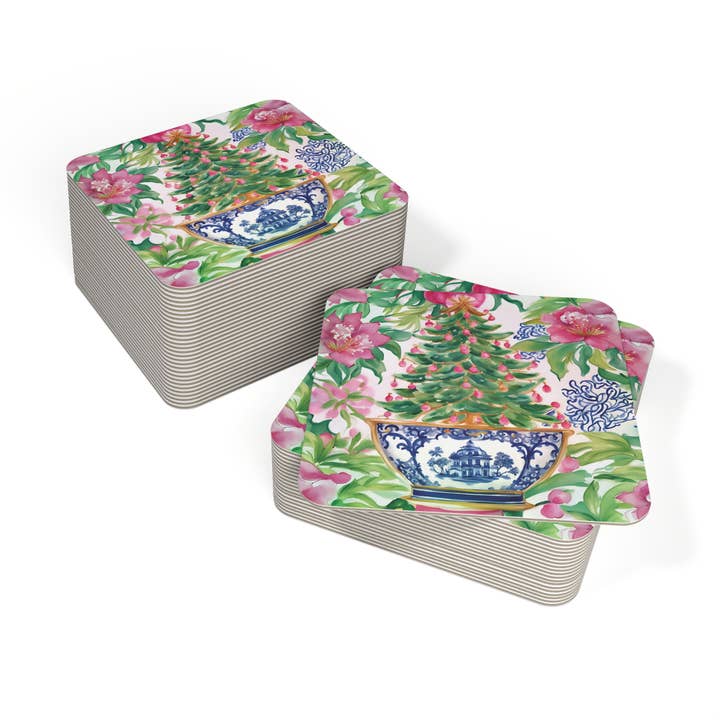 Design Carolinas - Wholesale Disposable Coasters - Pink & Green Chinoiserie Christmas Tree Holiday Coaster Set3