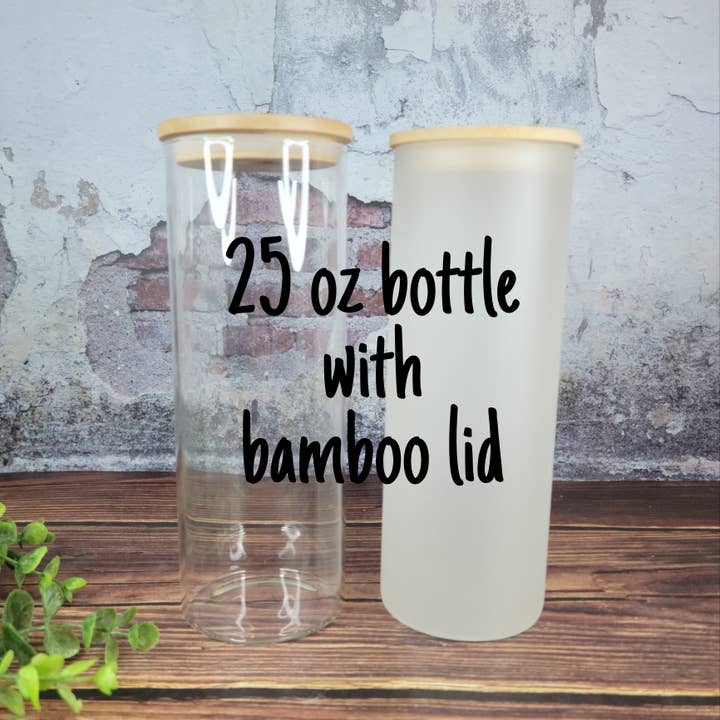 25oz Sublimation Ready Glass tumblers with Bamboo Lid & plastic straw, Clear or Frosted, sublimation blank glass bottle tumblers for wholesale by ACC Sublimation Blanks