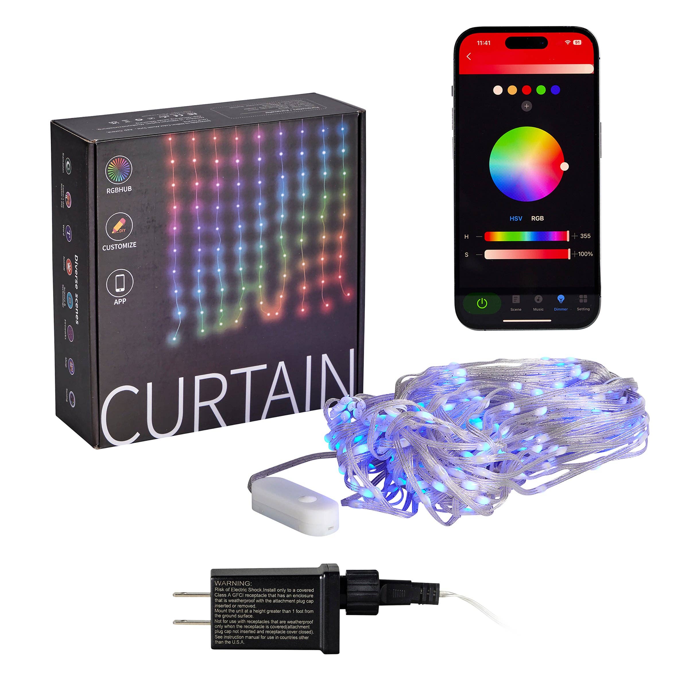 Seasonal LLC - Wholesale String Lights - Vivvi App-Based Customizable, Color-Changing Indoor/Outdoor Curtain Lights, 6ft x 6ft0