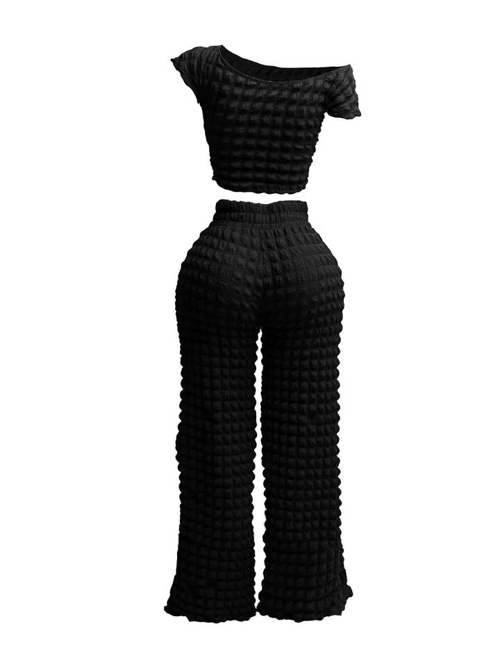 K Too - Wholesale Top & Pant Set (NOT Loungewear) - Women's - Popcorn off shoulder short sleeve & pants set