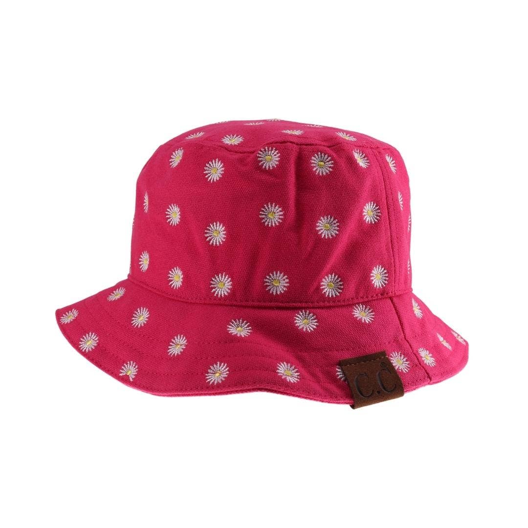 Hot Pink Daisy Embroidered Cotton Canvas C.C Bucket Hat KB005 for wholesale on Faire2