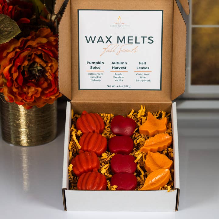 Wax met herfstgeur smelt in geschenkdoos l Fall Wax Melts voor wholesale door Blue Spruce Candle Company