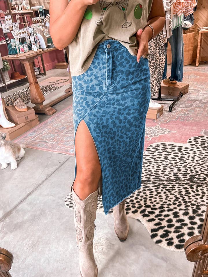 FULL TIME PURCHASE - Wholesale Skirt - Women's - Leopard Denim Frayed Split Denim Midi Skirt4