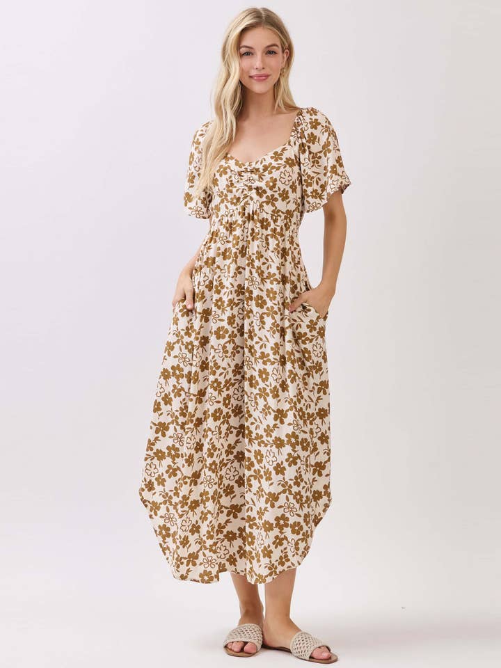Floral Print Ruched Tie Round Hem Maxi Dress - VND40850K for wholesale by Final Touch