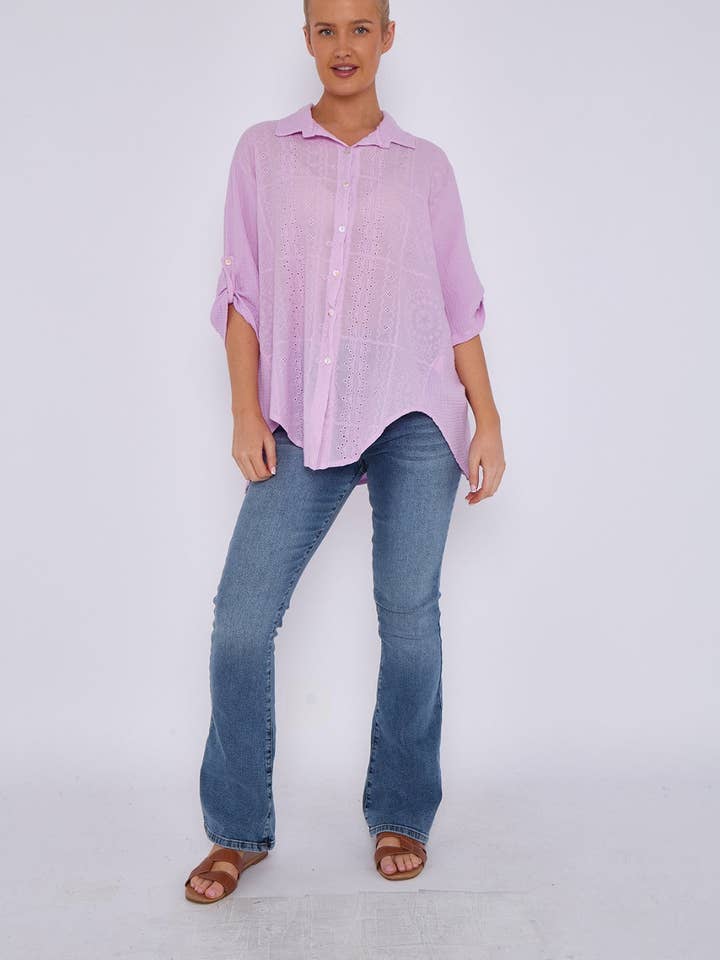 Miss Bold – wholesale Buttoned-down shirt – Women's – Italian Embroidered Cotton Button-Up Tunic Shirt with Rolled Sleeves7