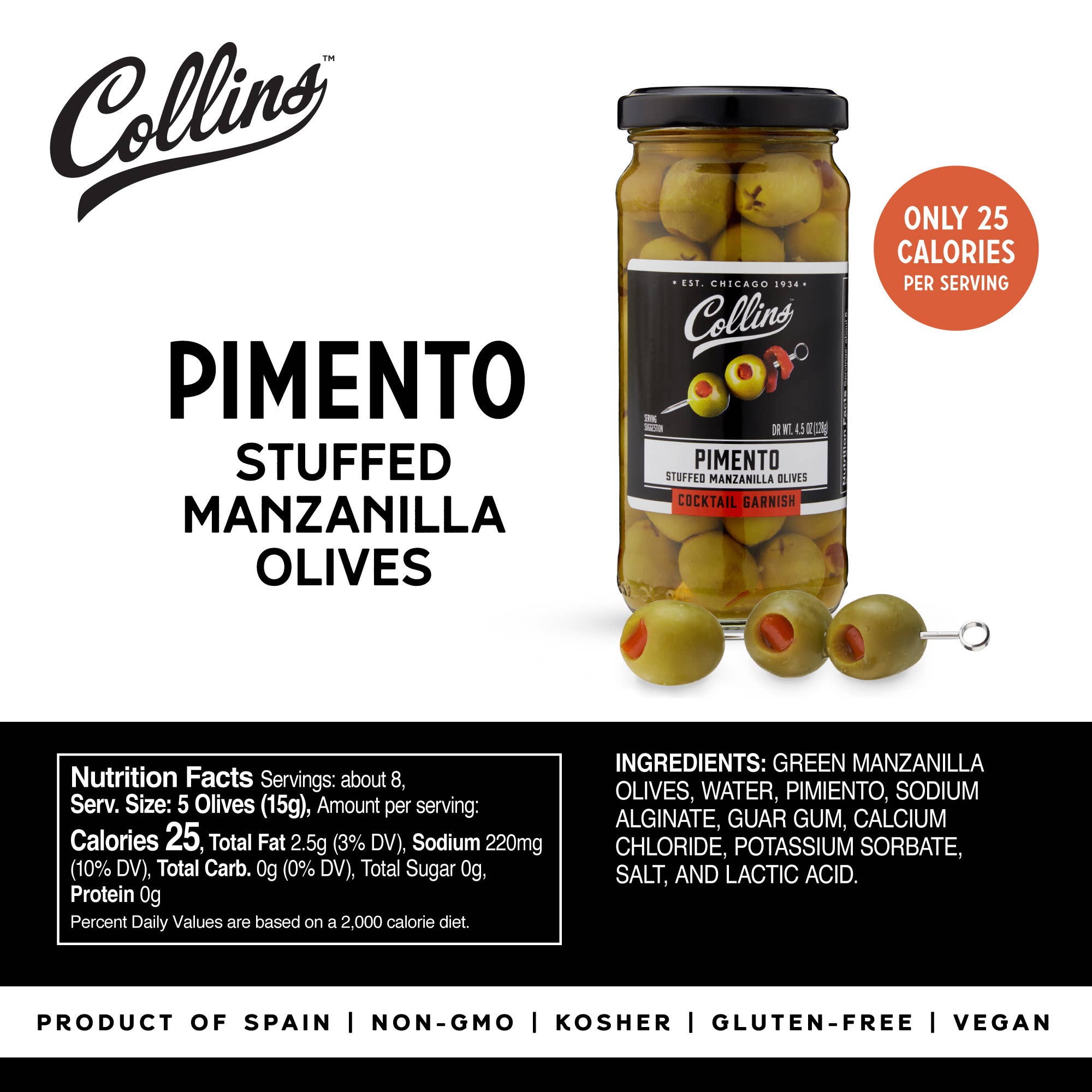 Collins - Wholesale Olives - Gourmet Manzanilla Pimiento Cocktail Olives 4.5 oz3