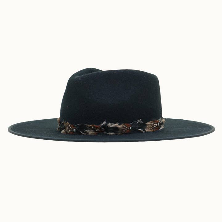 Olive & Pique - Wholesale Fedora - Women's - Feather Boho Trim 100% Wool Felt Rancher Hat, Black