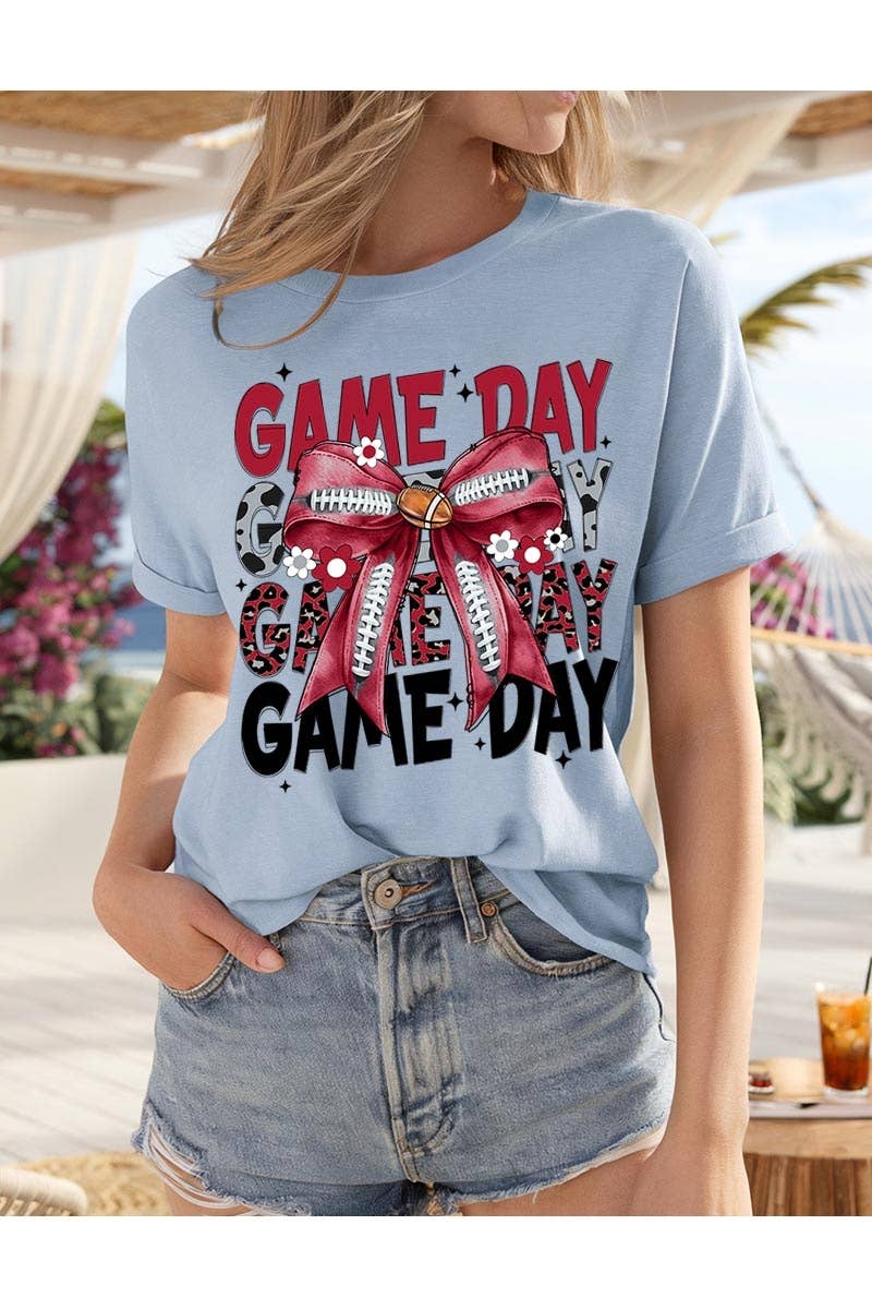 COLORBEAR - Wholesale T-Shirt (Graphic) - Women's - Red Silver Football Game Day Bow Heavy Cotton Tee7