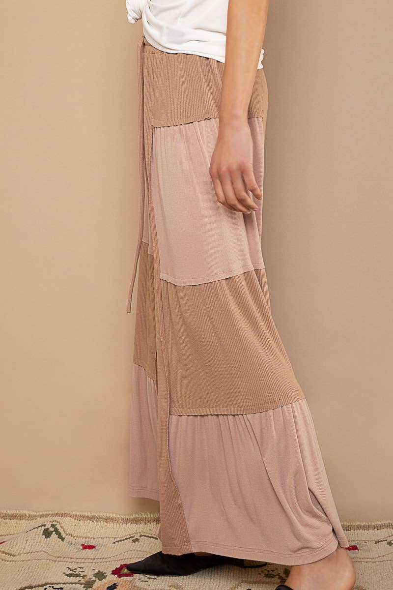 Pol Clothing - Wholesale Pants - Women's - Ribbed contrast fabric panels casual knit wide fit pants6