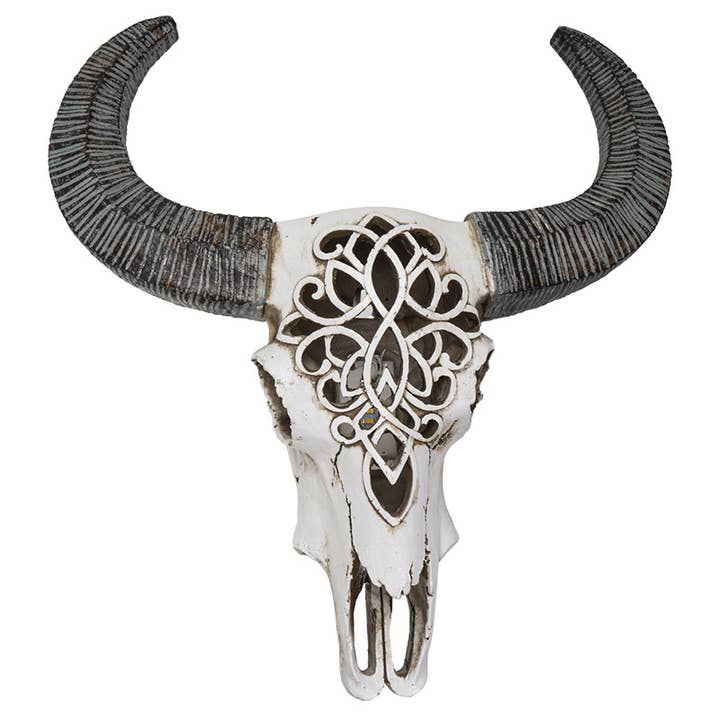 Pacific Trading - Wholesale Decorative Figurine - 14235 Carved Cow Hanging Decorative Skull w/LED
