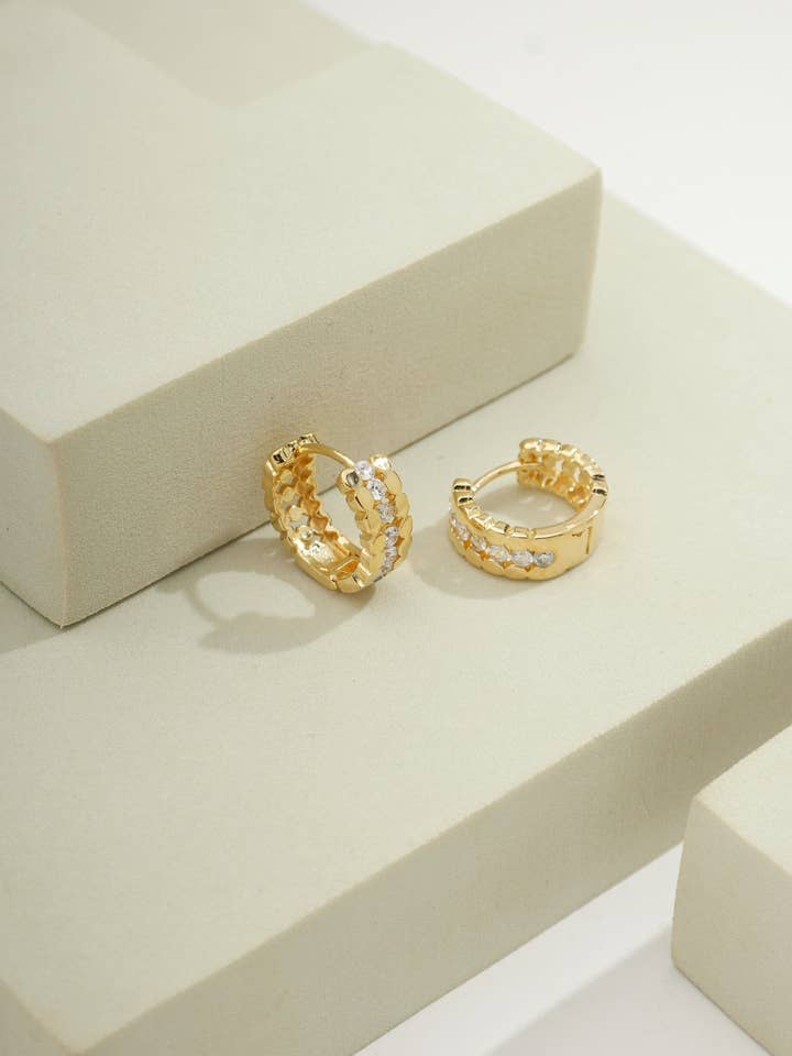 14k Gold Filled Harmony Pavé Huggie | Earring | Best Sellers for wholesale by Bossaglam Jewelry