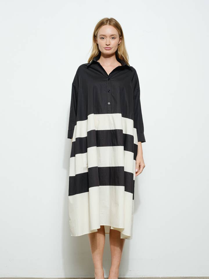 Vestido camisero midi de manga larga con rayas en bloque de popelina para venta al por mayor de Bloidy