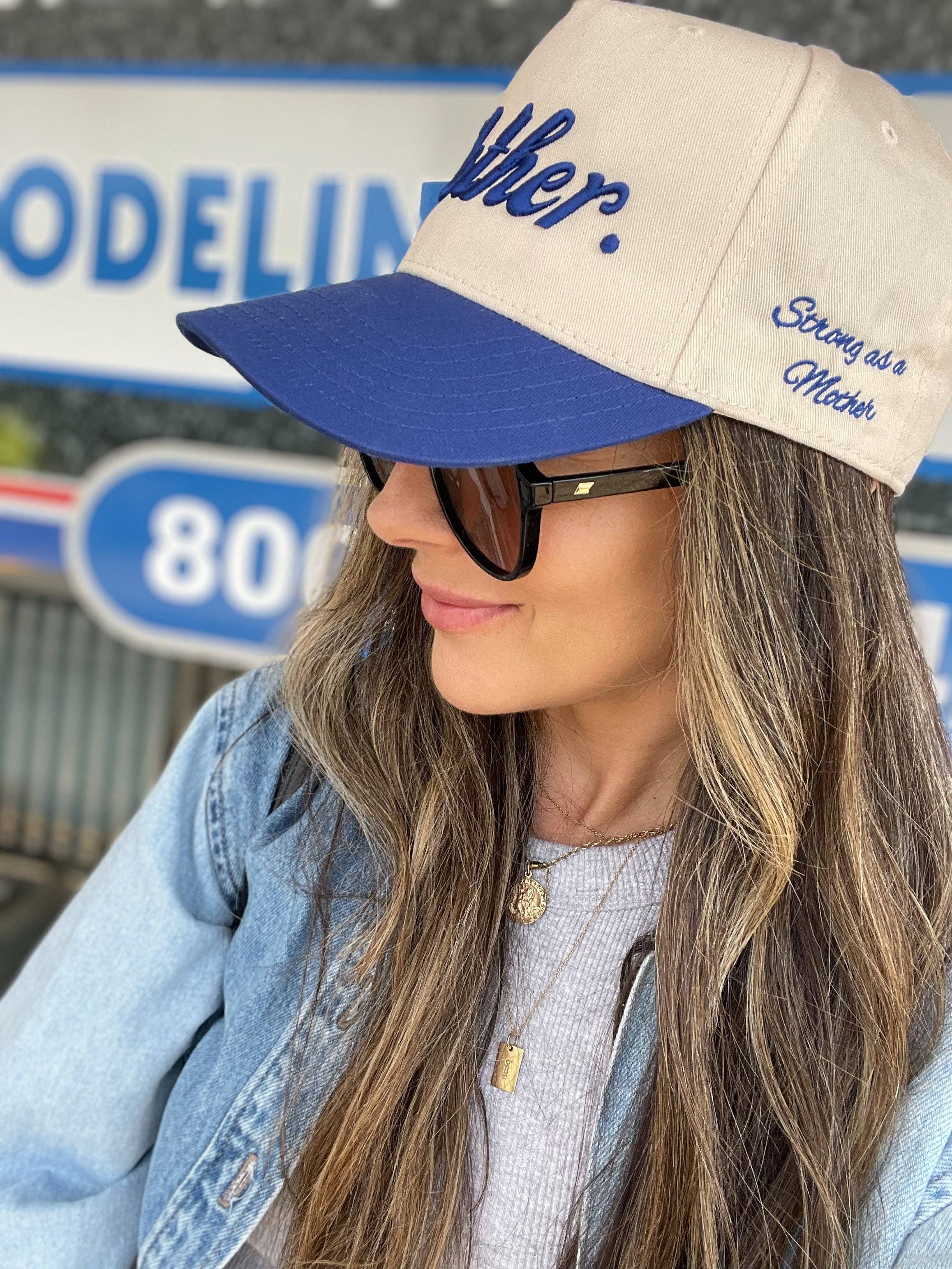 Strong as a Mother® Canvas Hat - Natural/Royal Blue for wholesale on Faire5