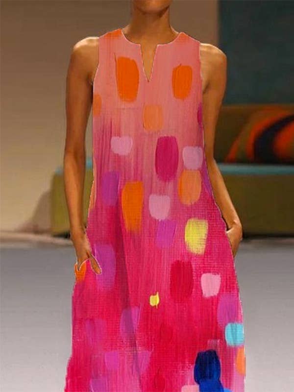 COLORFUL Loose Sleeveless Contrast Color Printed V-Neck Maxi Dresses for wholesale on Faire