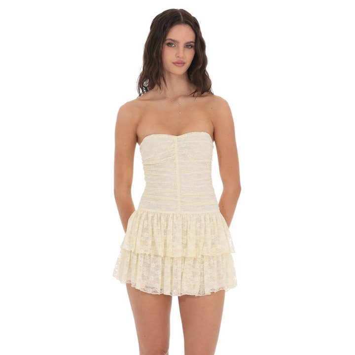 Lace Strapless Ruched Ruffle Dress in Cream for wholesale by Lucy In The Sky