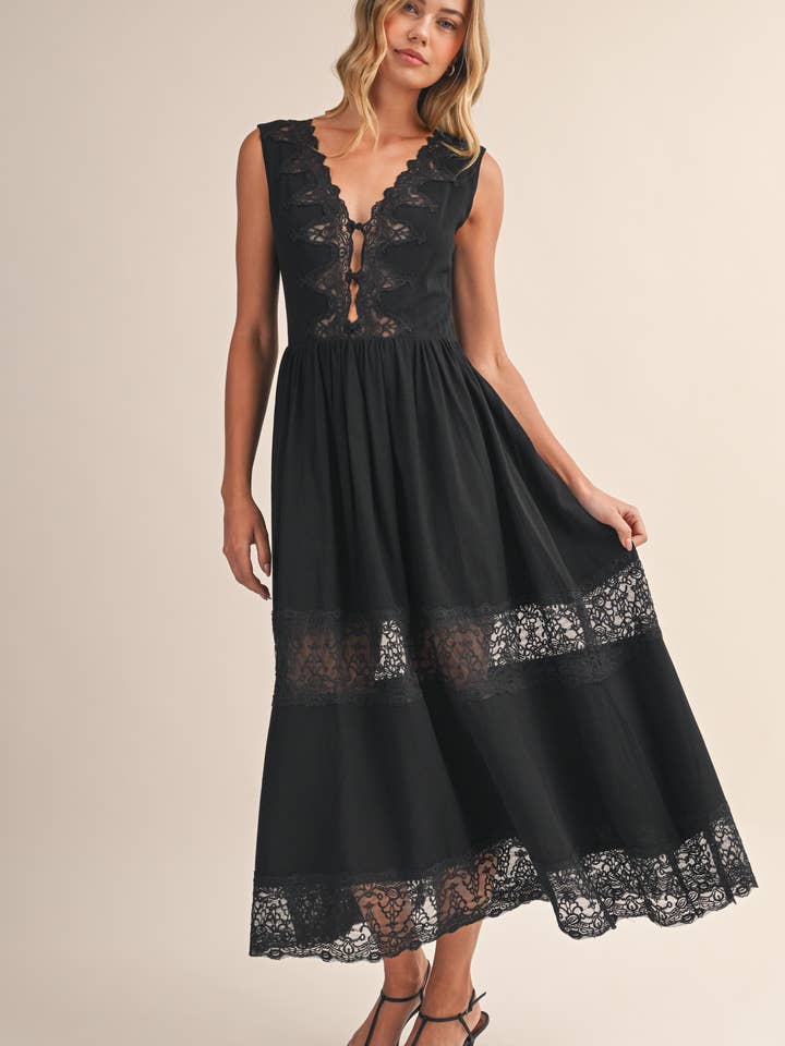 IDA1093 LACE PANEL DETAILED SLEEVELESS V NECK MIDI DRESS for wholesale by Klesis