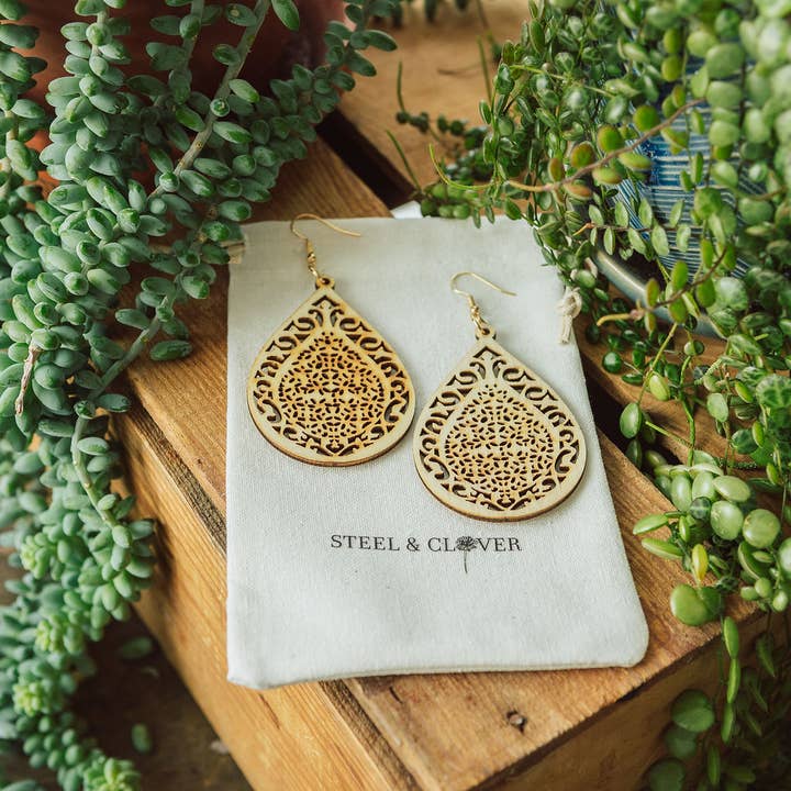 Simonette Vintage Drop Wooden Earrings for wholesale by Steel & Clover