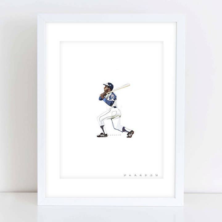 Ilustración original impresa de Hank Aaron de los Atlanta Braves con 755 home runs vintage para venta al por mayor de Brandon Art Co
