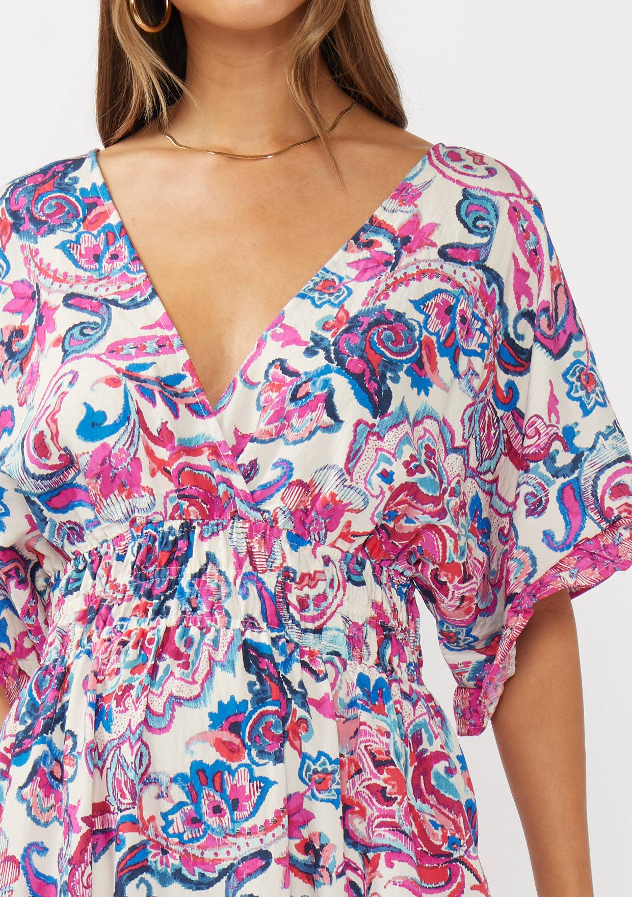 Natural Dusty Pink Floral Kimono Sleeve Smocked Waist Maxi Dress for wholesale on Faire3