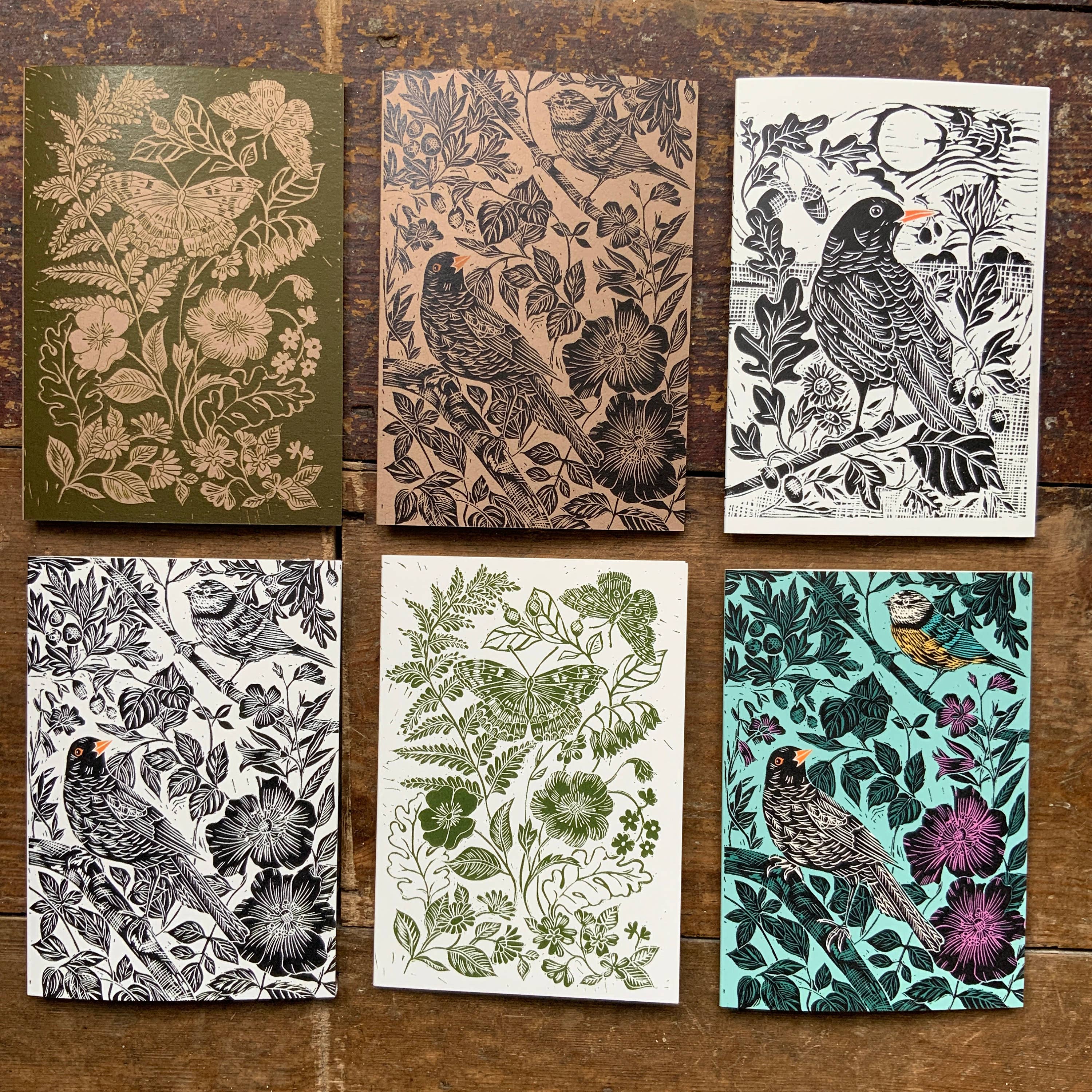 Vivienne Keable - Wholesale Everyday Greeting Card - Hedgerow Birds in Black with an Orange Pop on Cream Base. Based on an Original Linocut.5