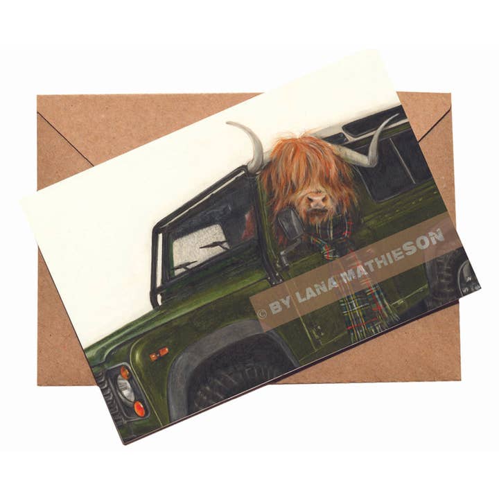 Art by Lana Mathieson - Wholesale Gewone wenskaart - Highland Driver (wenskaart) | Highland Cow Card