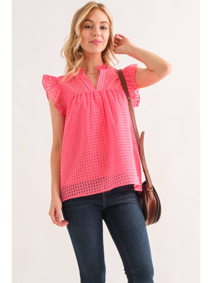 AND THE WHY - Wholesale Blouse - Women's - ATW14889 - Sheer and Gridded Baby Doll Ruffled Top