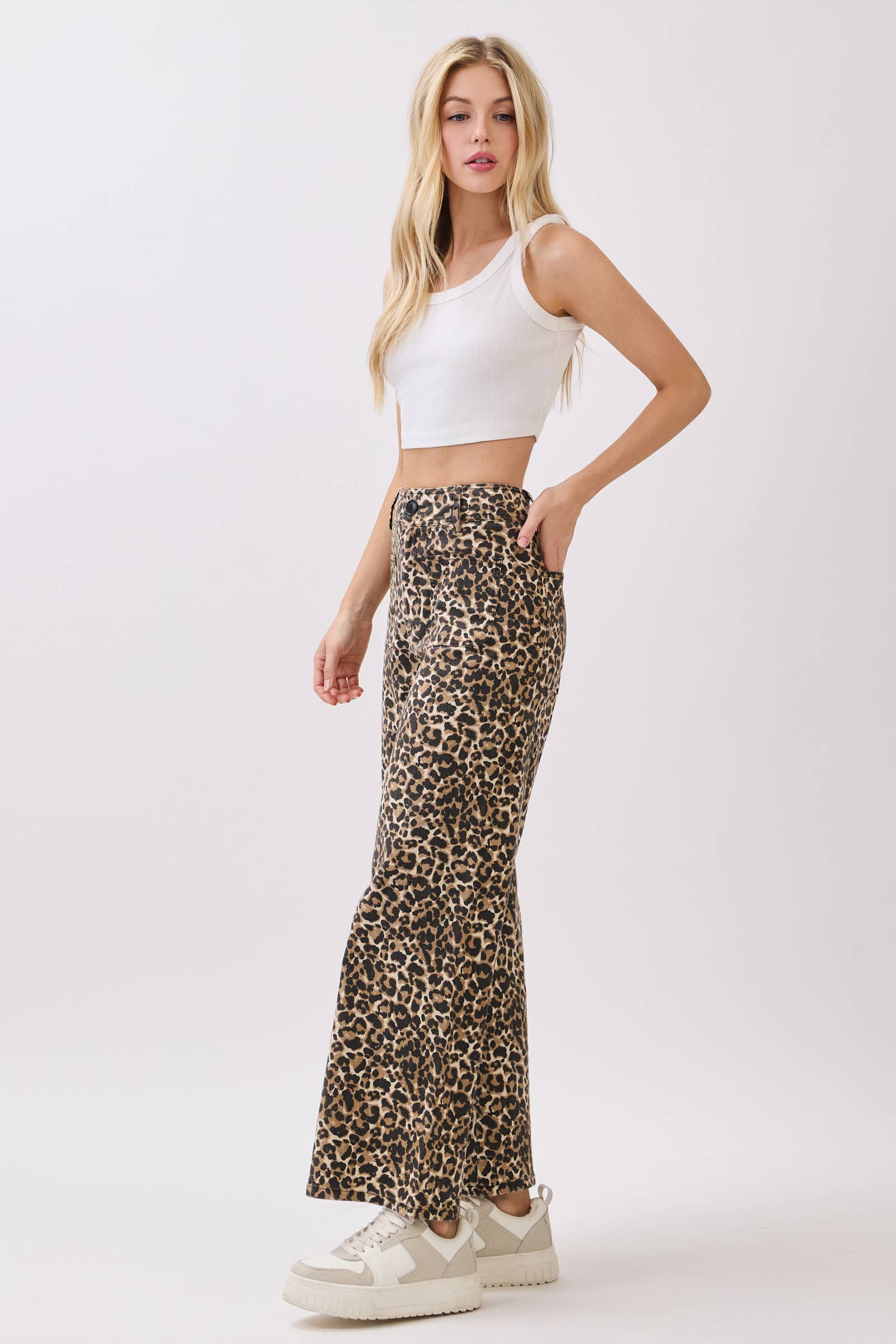 BROWN Stretch Twill Leopard Wide Leg Pants for wholesale on Faire10
