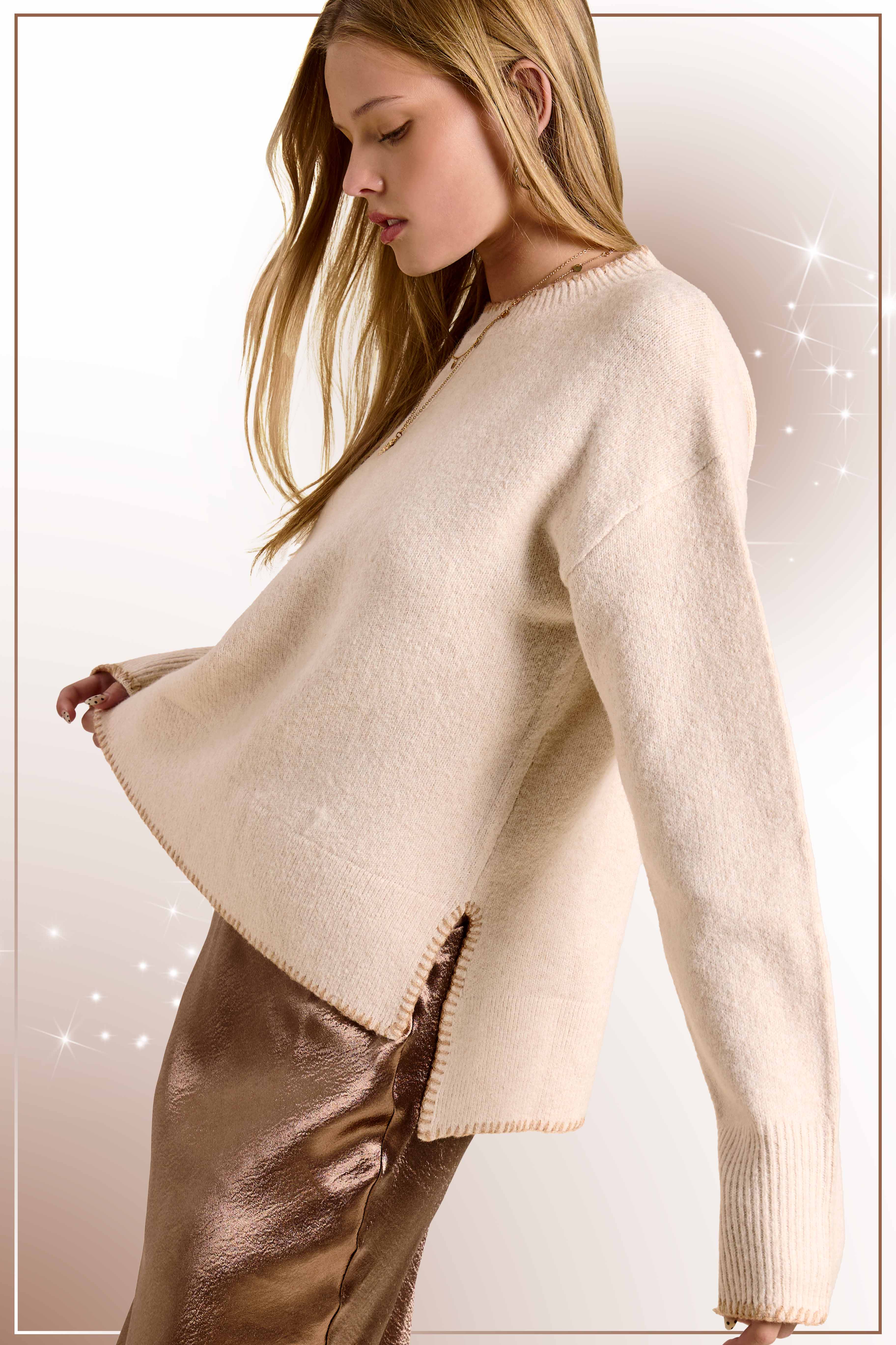 La Miel - Wholesale Knit Sweater - Women's - JDS3607-Hi-Low Crew Neck Sweater W/ Contrast Blanket Stitch24