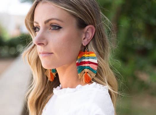 Wholesale Rainbow Macrame Leaf Earrings for your store | Faire