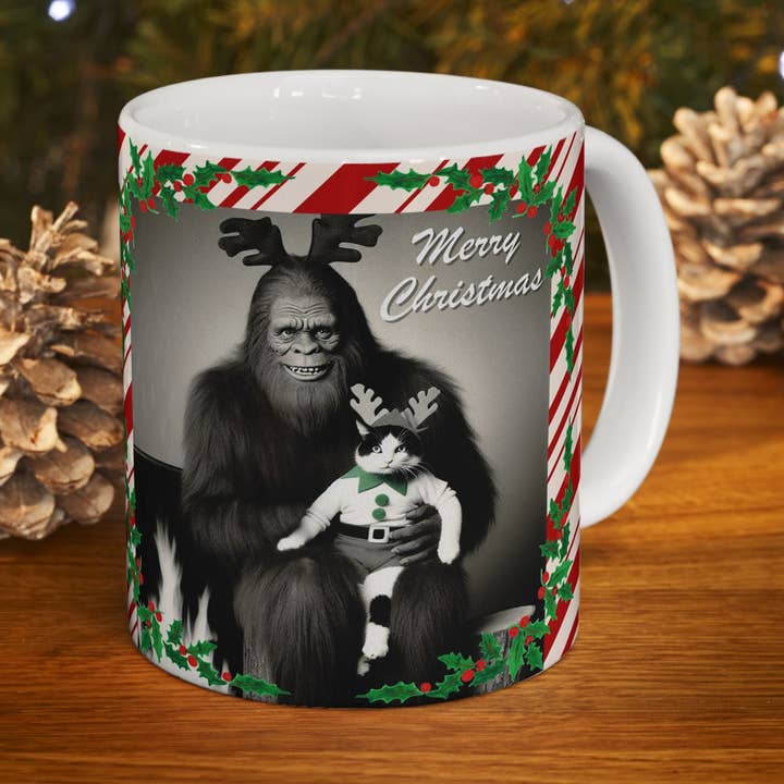 Bigfoot Cat Holiday Portrait Mug Funny Christmas Coffee Mug (11oz) for wholesale by Midnight Myth