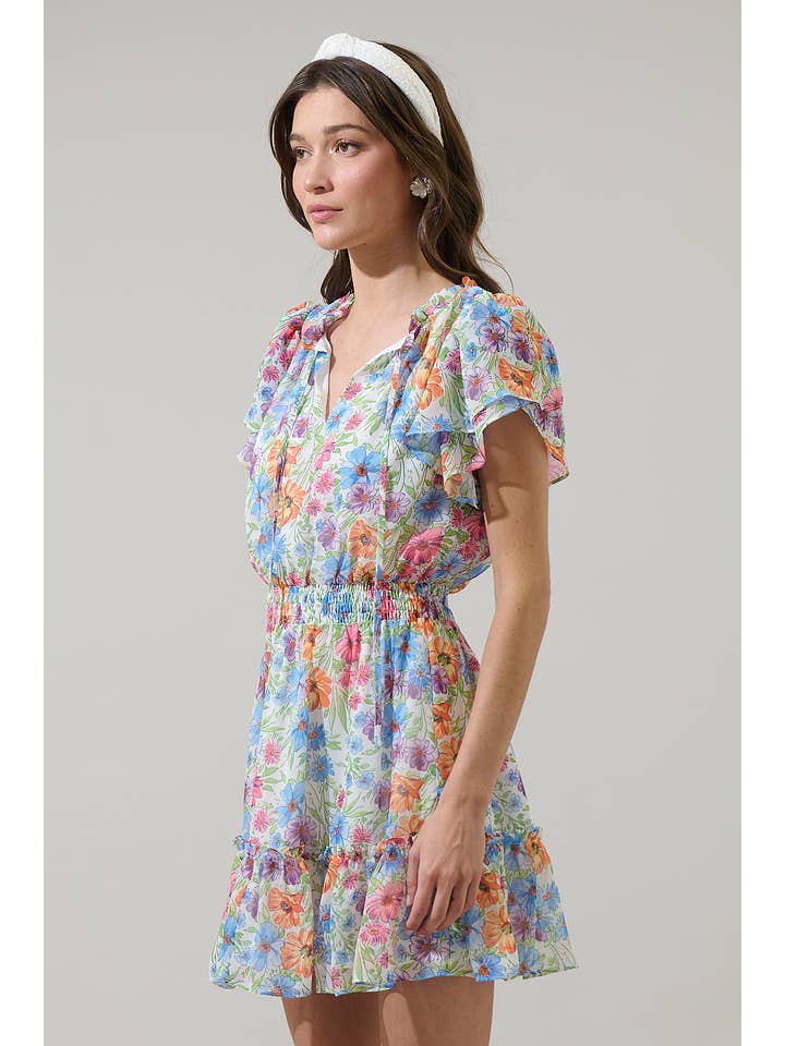 BLUE PINK YELLOW Ezia Garden Bumble Ruffle Mini Dress for wholesale on Faire