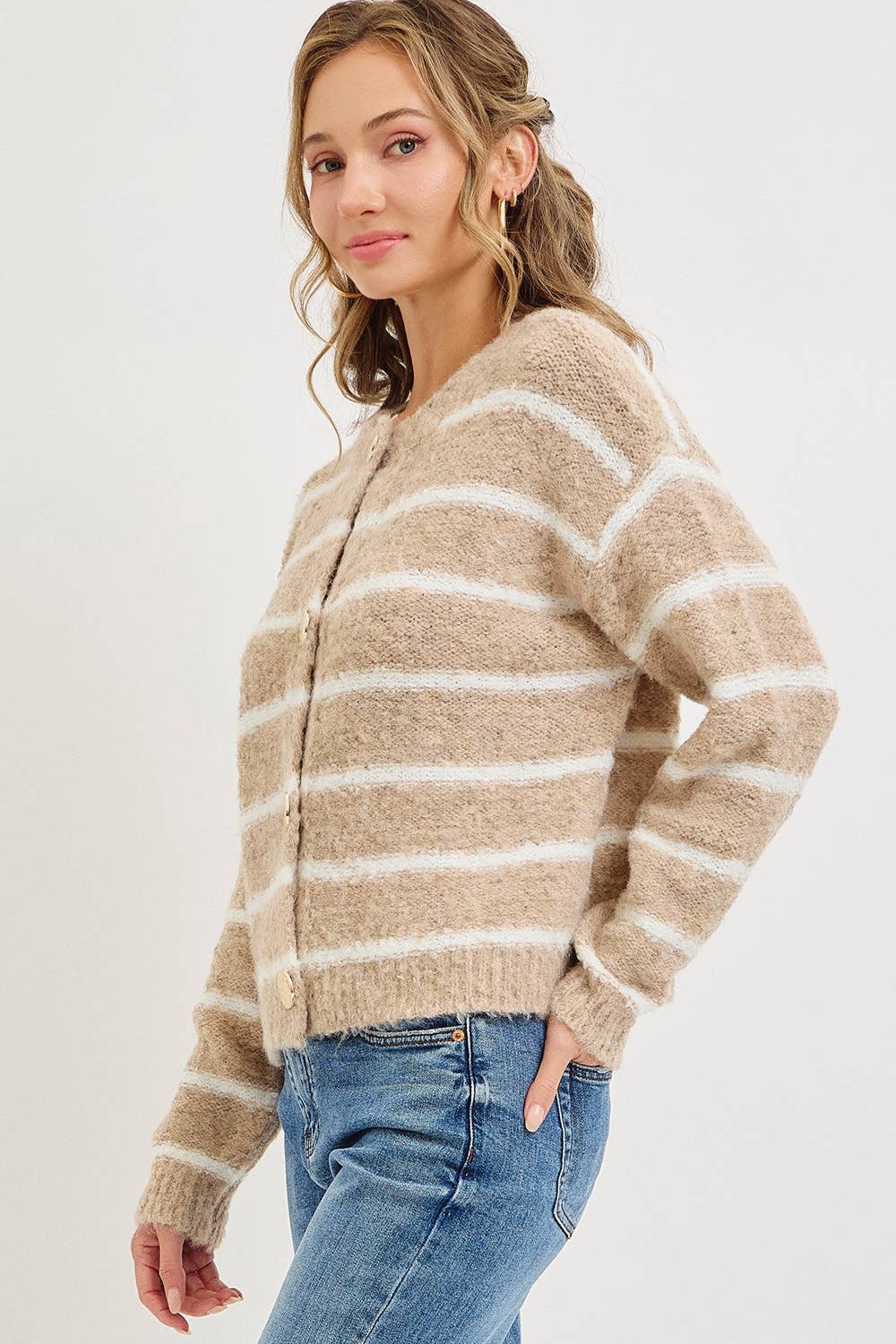 TAUPE COZY STRIPED BUTTON UP KNIT CARDIGAN for wholesale on Faire1