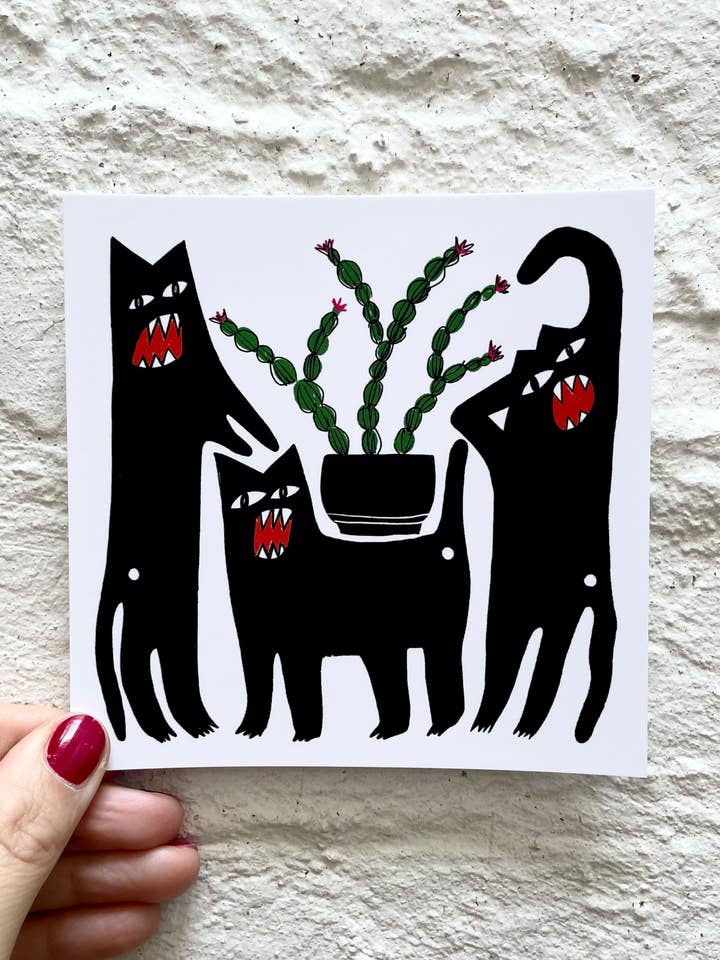 3 gatti arrabbiati, cartolina quadrata per la vendita all'ingrosso da parte di Anna Soba