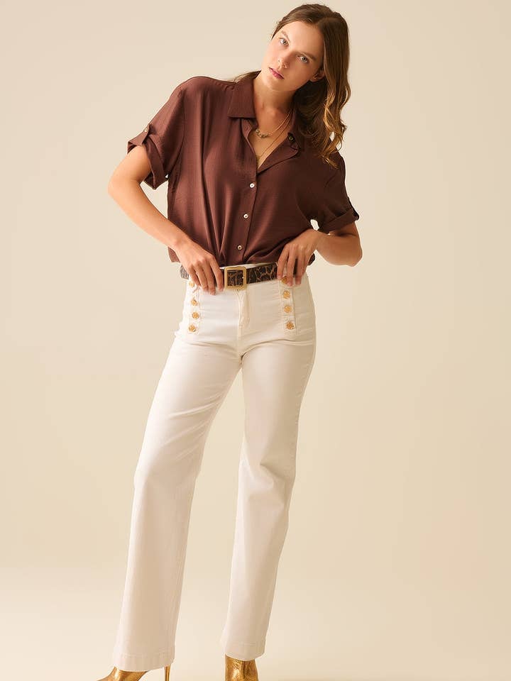 Chocolate Brown shirt with short sleeves and pleat on the sleeve for wholesale on Faire2