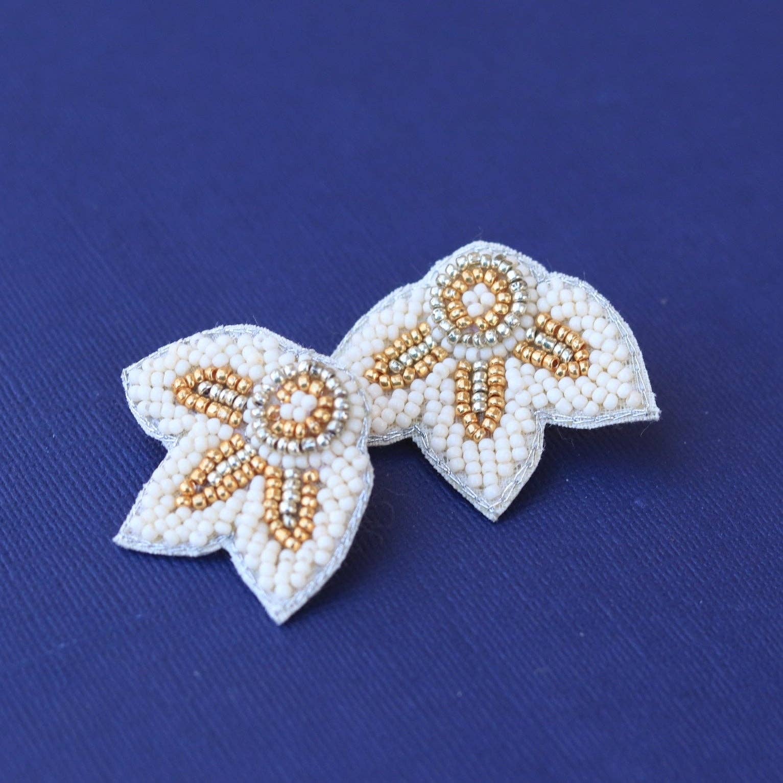 Pierce + Hide - Wholesale Stud/Post Earrings - Cream + Gold Beaded Flower Wing Earrings | Custom Petal Stud1