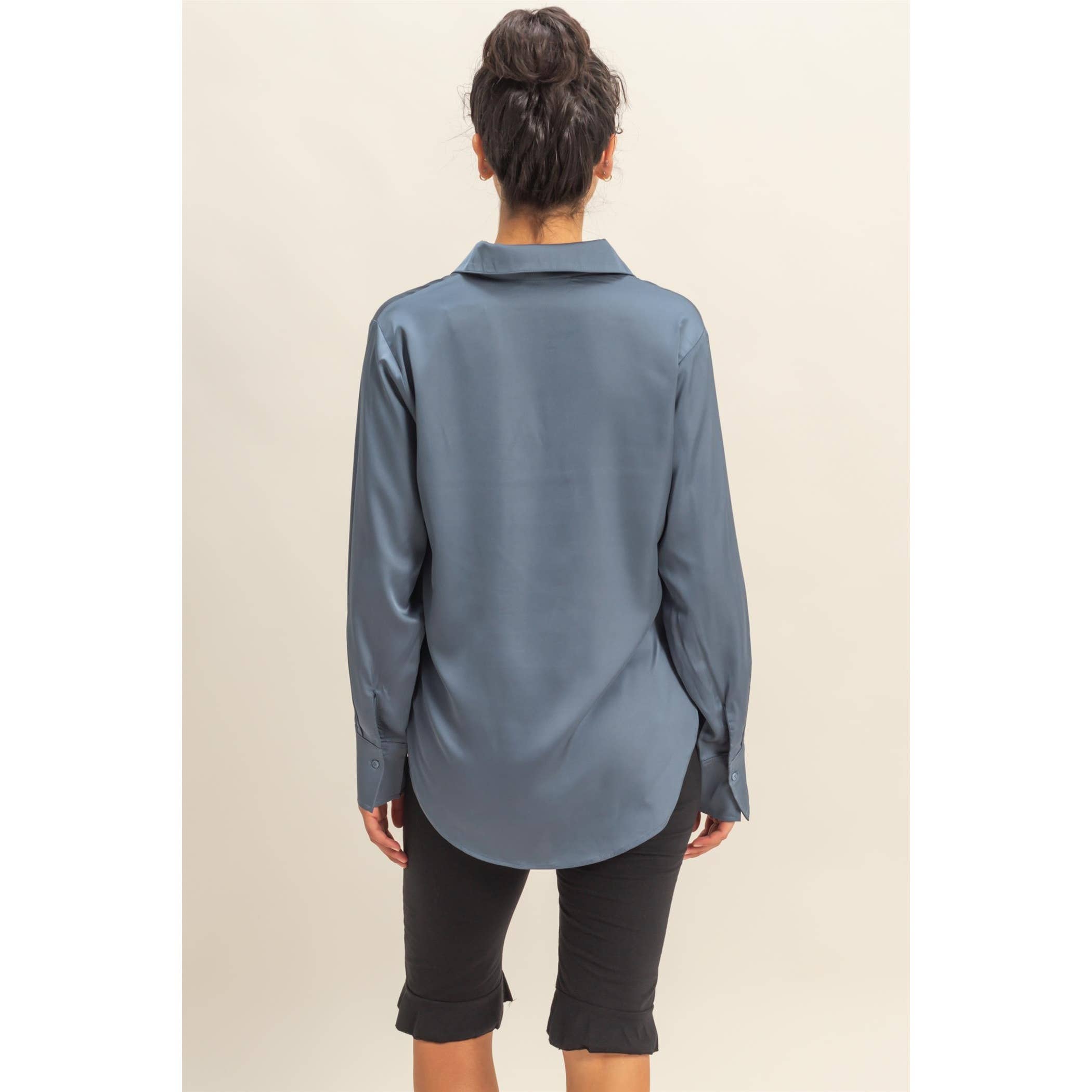 Double Zero - Wholesale Blouse - Women's - Button-Up Satin Shirt With Collared Neckline34