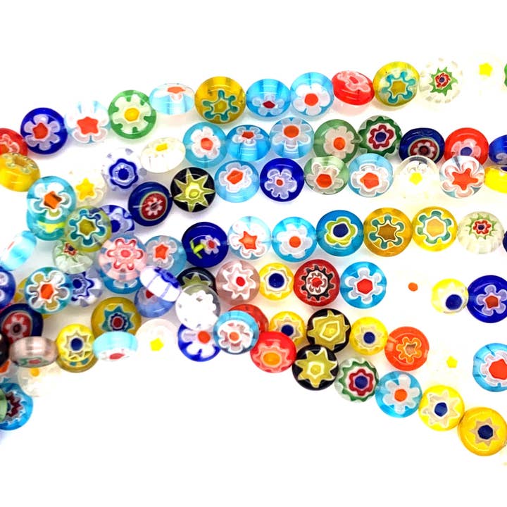 The Bead Bazaar - Wholesale Beads - Murano Style Millefiori Handmade Flat Round Beads, Flower Gl5