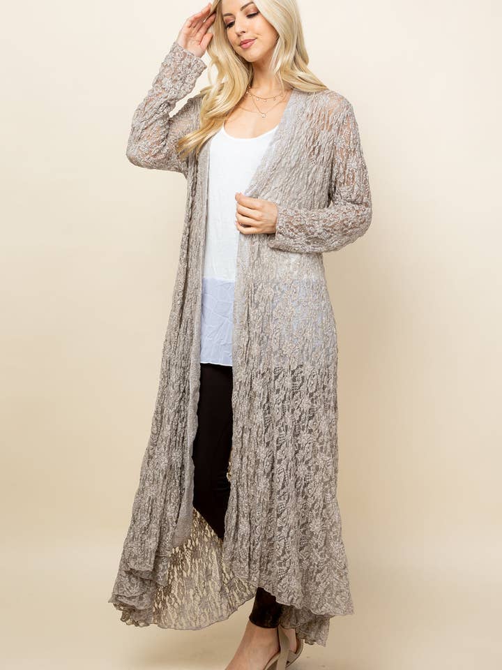 Oatmeal Long Lace Duster – Boho Pucker Jacket for Women | Made in USA for wholesale by Kooniez