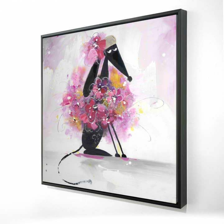 Vit Tecknad hund med rosa | inramat tryck på duk 24 ”x 24" för wholesale på Faire