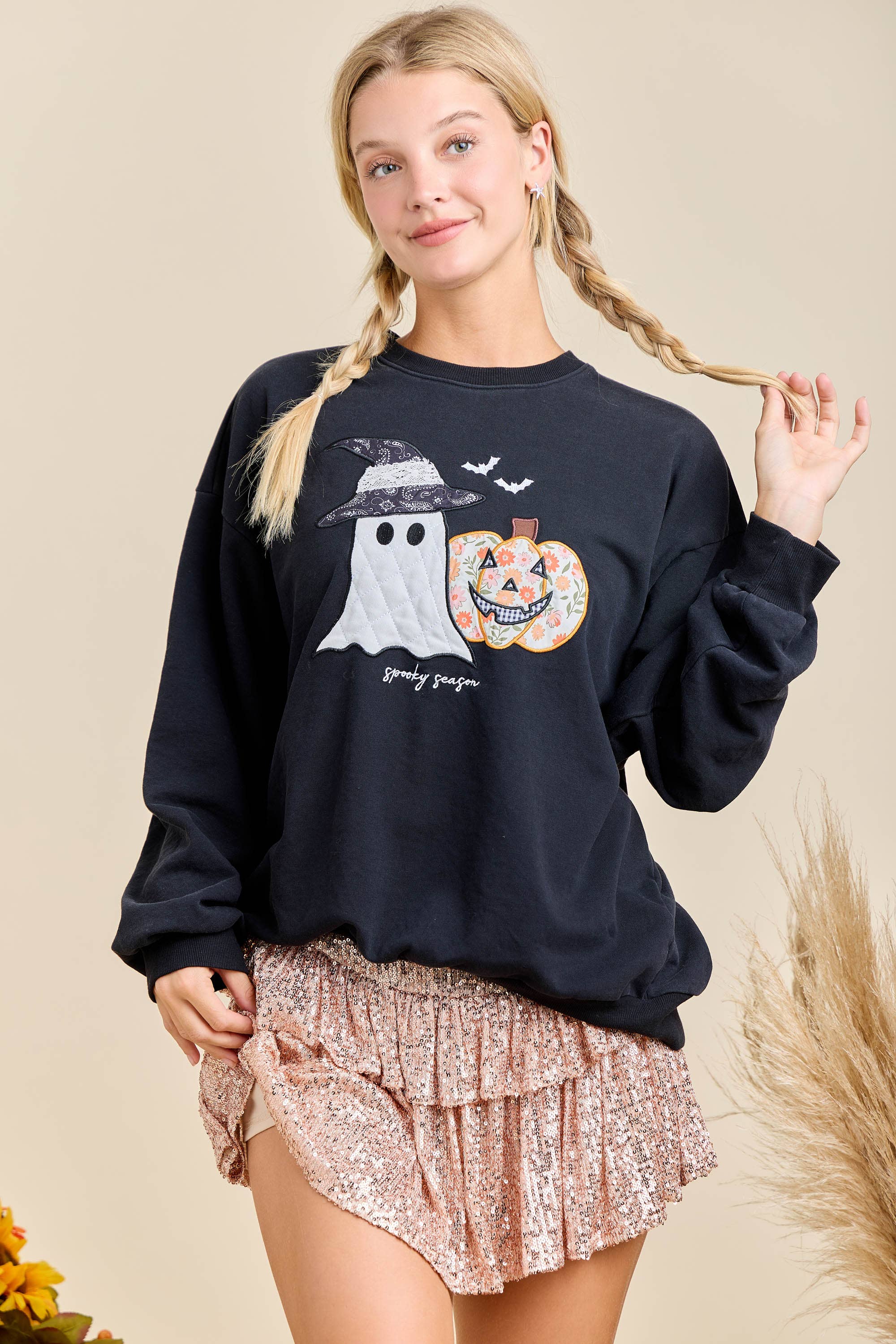 BLACK Halloween Patchwork Long Sleeve Crewneck With Mineral Wash	 for wholesale on Faire5