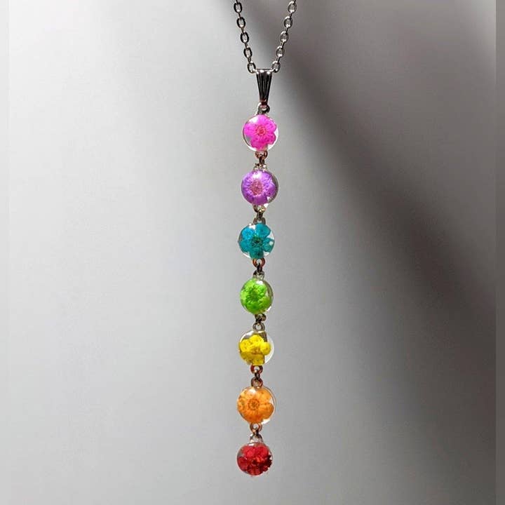 Natural Vitality: Chakra necklace with real mini flower handmade pendants for wholesale by Nature's Lure