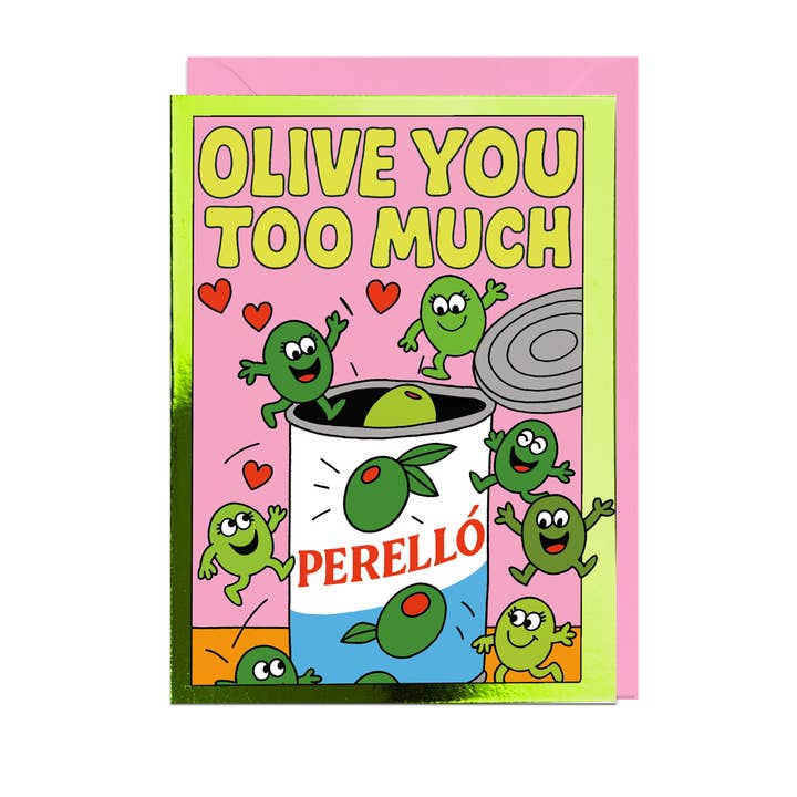 OLIVE YOU TOO MUCH, PALE PINK ENVELOPE FOIL Card for wholesale by Jolly Awesome