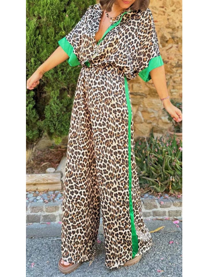 Rosa Clothing - Wholesale Lounge Set - Women's - Leopard Print Contrast Trim Shirt Top Pants Lounge Set1