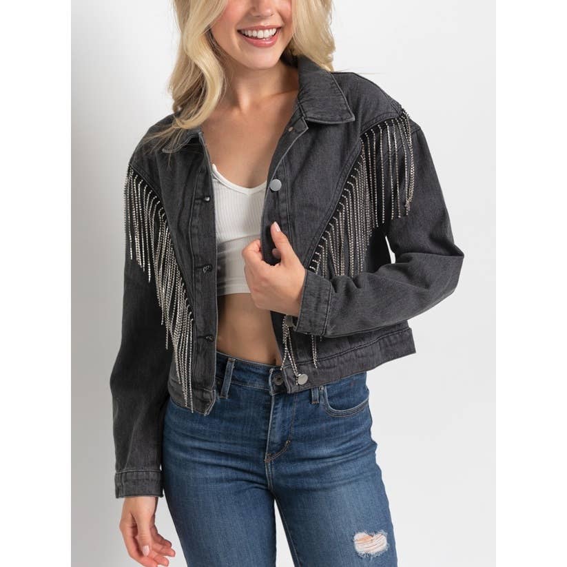 Coloring You - Wholesale Spijkerjack/spijkerjas - Dames - CROP SPIJKERJACK MET STRASDETAILS EN FRANJES 2