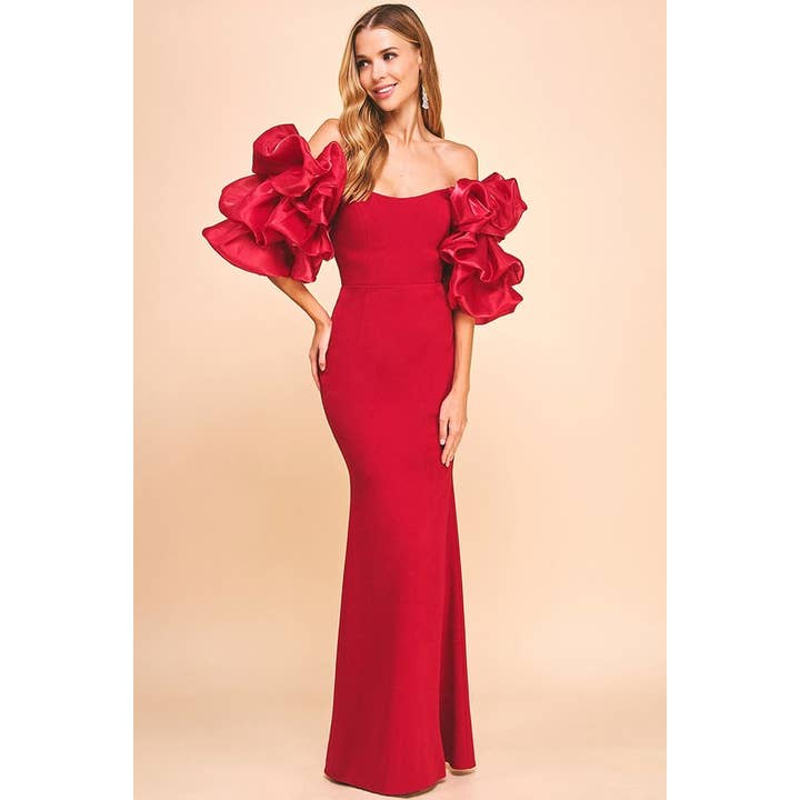 SWEET HEART NECKLINE PUFF ELBOW SLEEVE MAXI DRESS for wholesale by Maniju