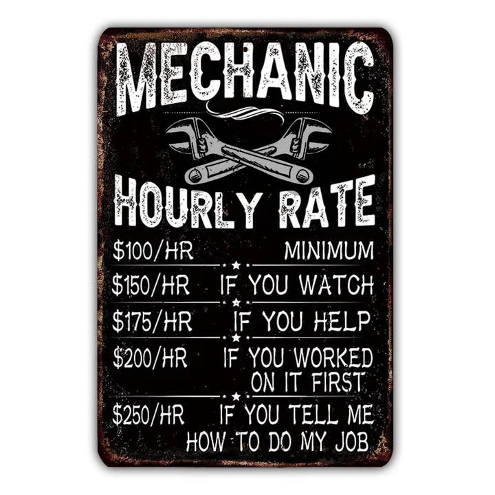 Letrero metálico con tarifa horaria para mecánicos para venta al por mayor de Game Time Prints