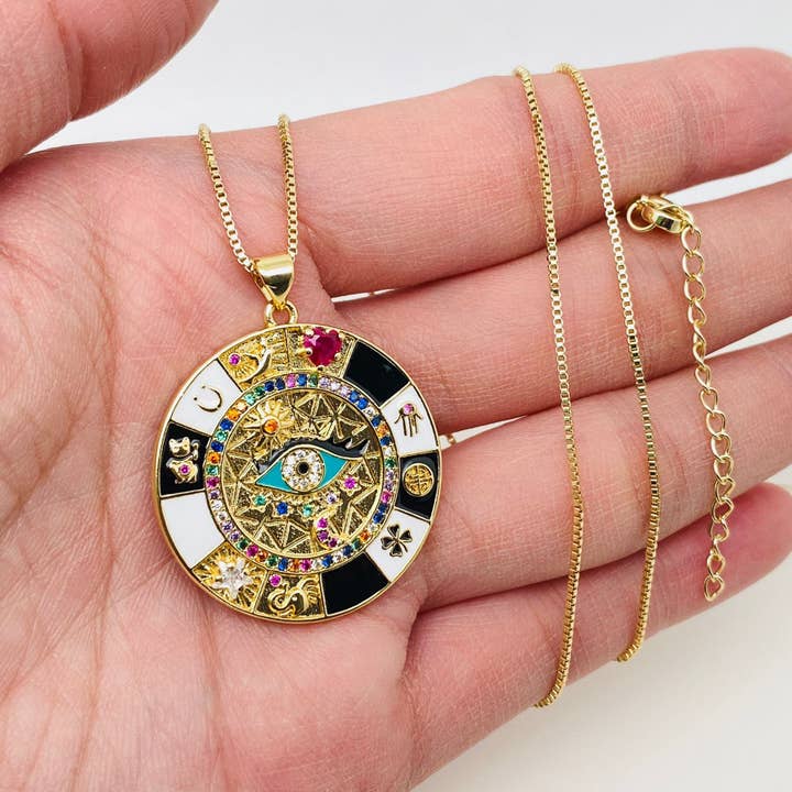 Mio Queena - Wholesale Pendant/Charm Necklace - Cubic Zirconia Enamel Devil's Eye Compass Pendant Necklace