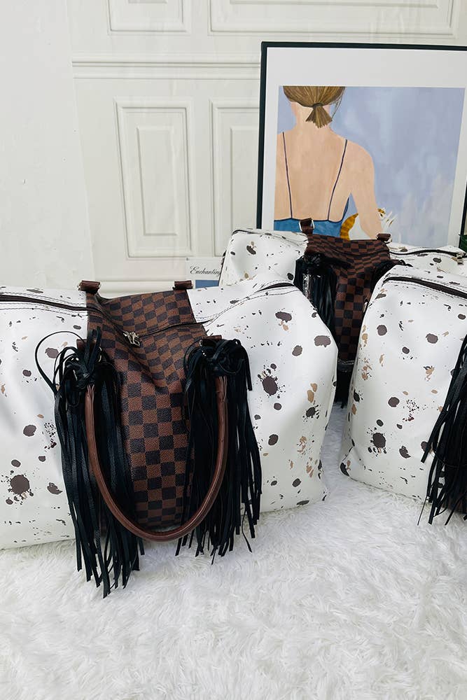 UNISHE - Venta al por mayor Bolsa de viaje - Mujer - Bolso de fin de semana retro occidental con estampado de vaca y cuadros ACC7392