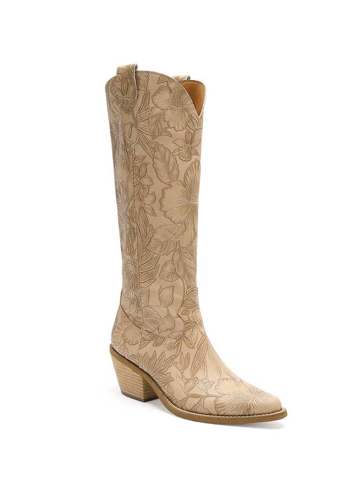 Mars Sky Shoes Wholesale - Wholesale Cowboy Boots - Women's - Beast Fashion ADELA-71 Women Block Heel Floral Embossing Pull-on Western Tall Boots-12 Pairs Pack-50.55/Pair1